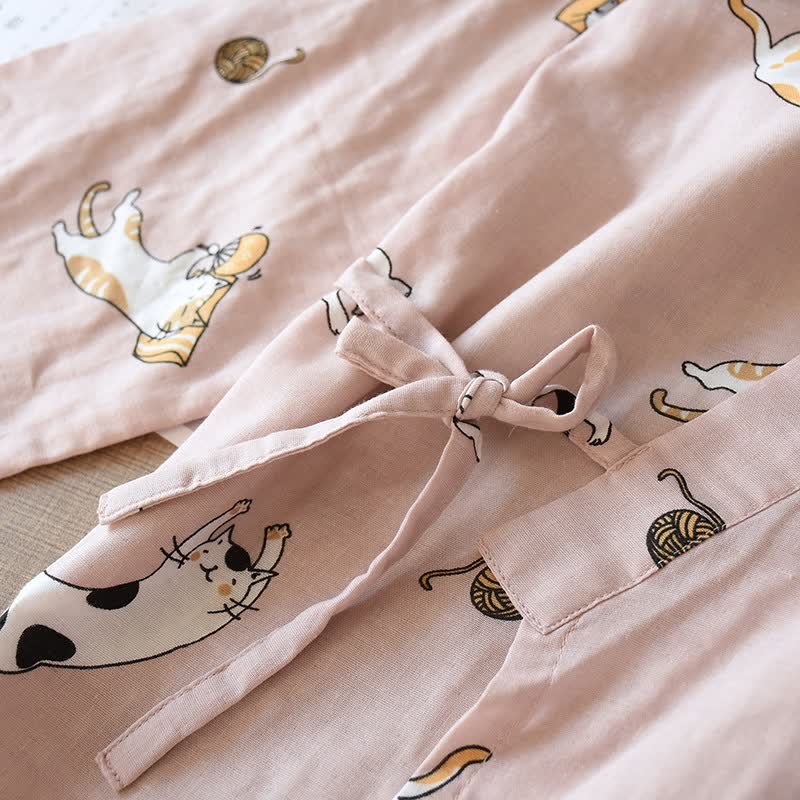 Kimono coordinati in cotone con motivo gatto per coppie - image 6