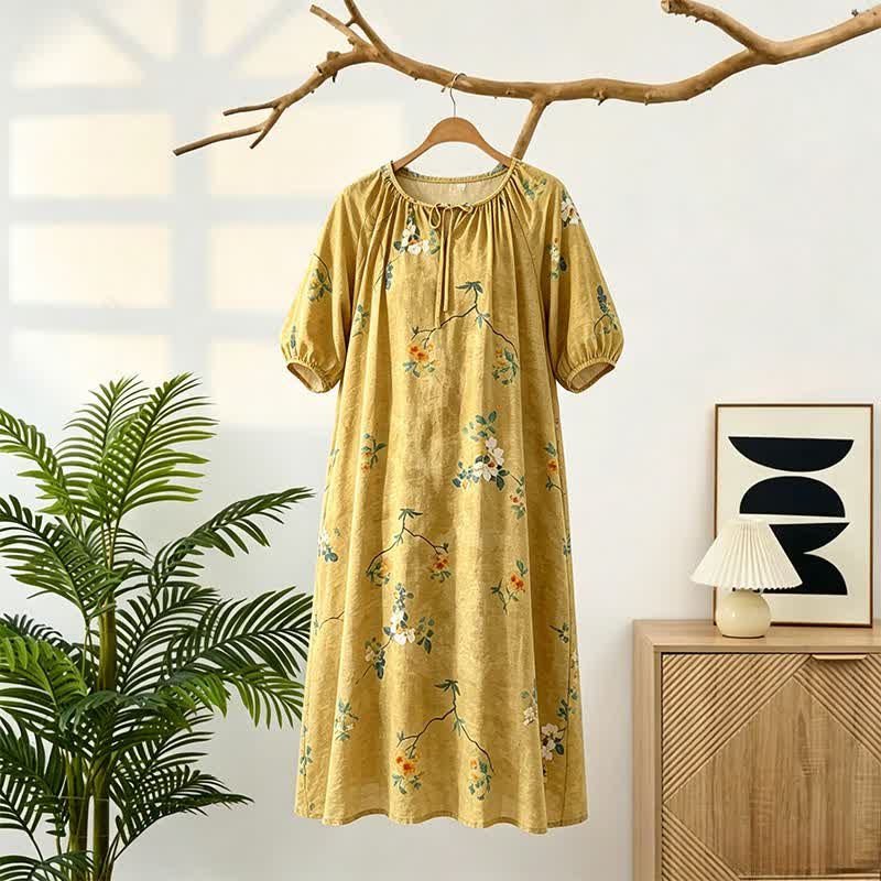 Abito da casa vintage con stampa floreale e rami - Giallo - L - image 0