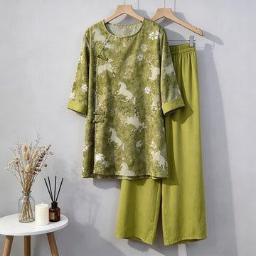 Completo da casa con stampa di cavalli, ispirato allo stile orientale. - Verde - M - image 0