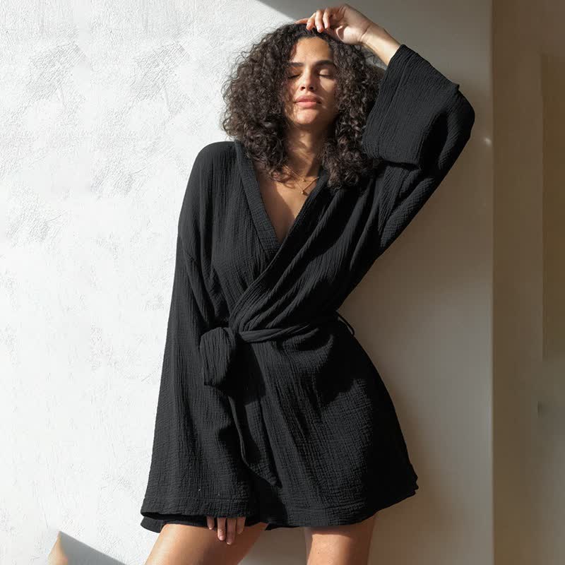 Kimono corto in cotone nero - Nero - L - image 0