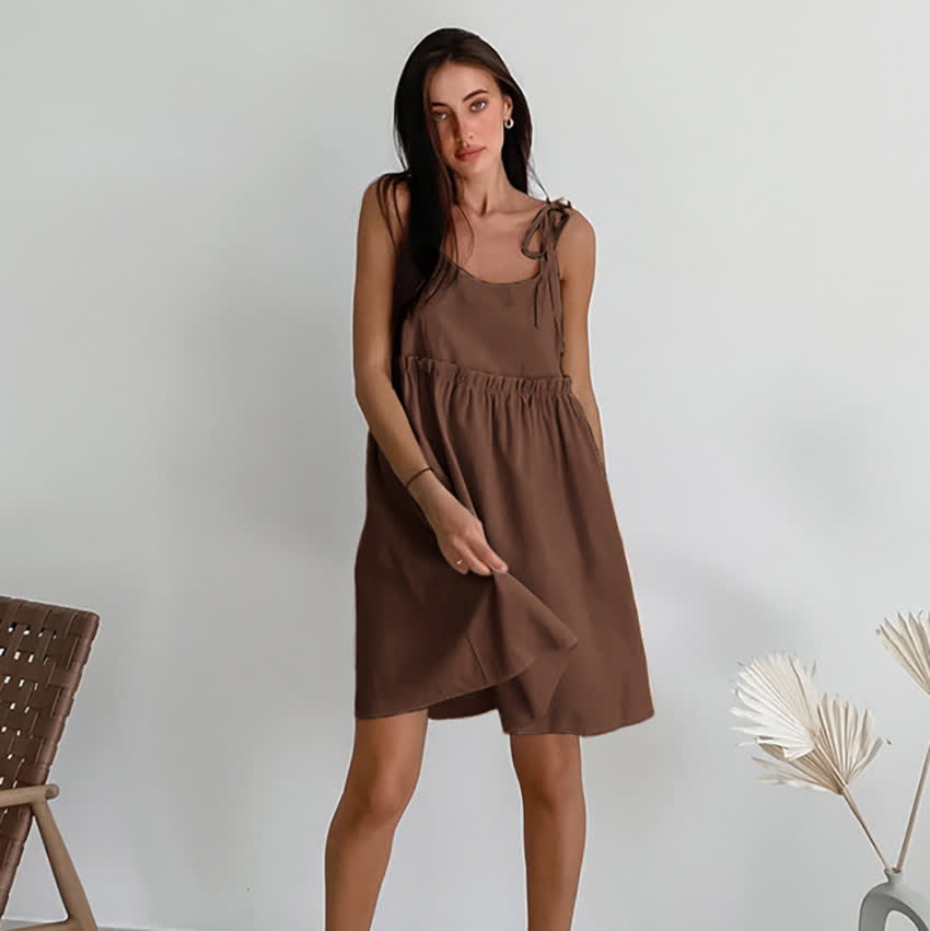 Camicia da notte casual in cotone e lino con laccetti - Marrone - XL - image 13