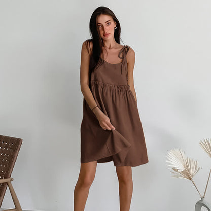Camicia da notte casual in cotone e lino con laccetti - Marrone - XL - image 13