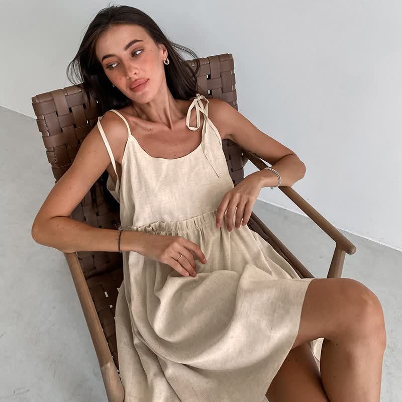 Camicia da notte casual in cotone e lino con laccetti - Beige - XL - image 0