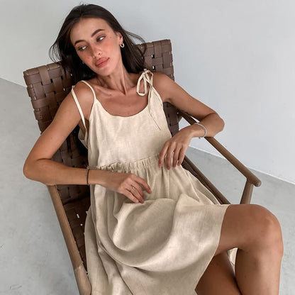 Camicia da notte casual in cotone e lino con laccetti - Beige - XL - image 0