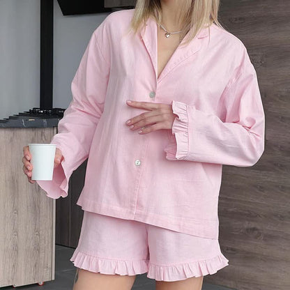 Pigiama da donna in cotone tinta unita con volant - Rosa - L - image 0