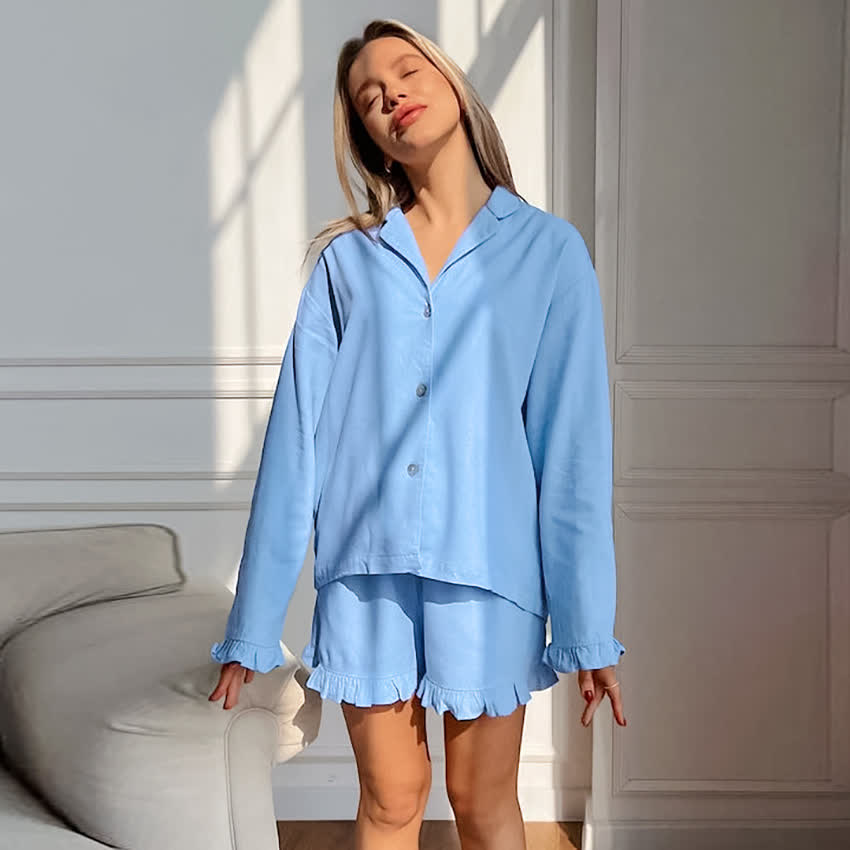 Pigiama da donna in cotone tinta unita con volant - Blu - L - image 9
