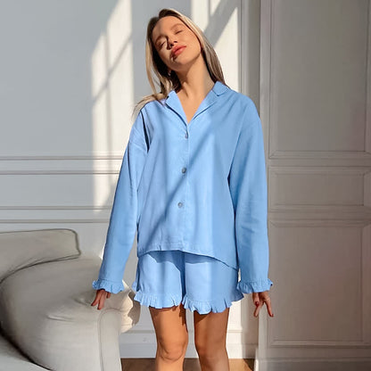 Pigiama da donna in cotone tinta unita con volant - Blu - L - image 9