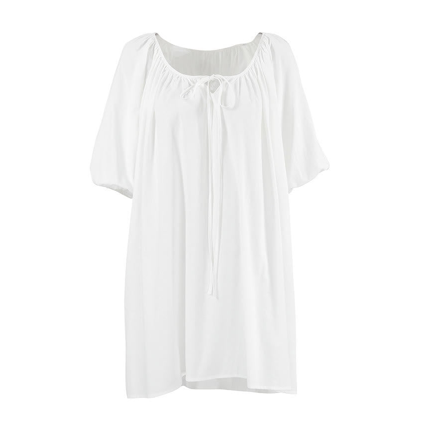 Abito da casa in cotone bianco con fiocco al collo - image 3