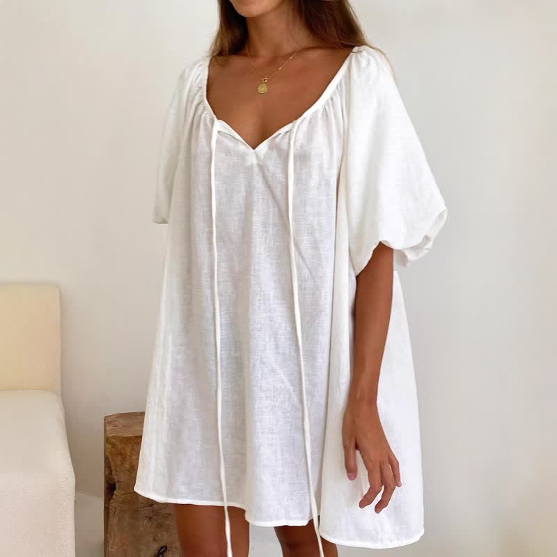 Abito da casa in cotone bianco con fiocco al collo - image 1