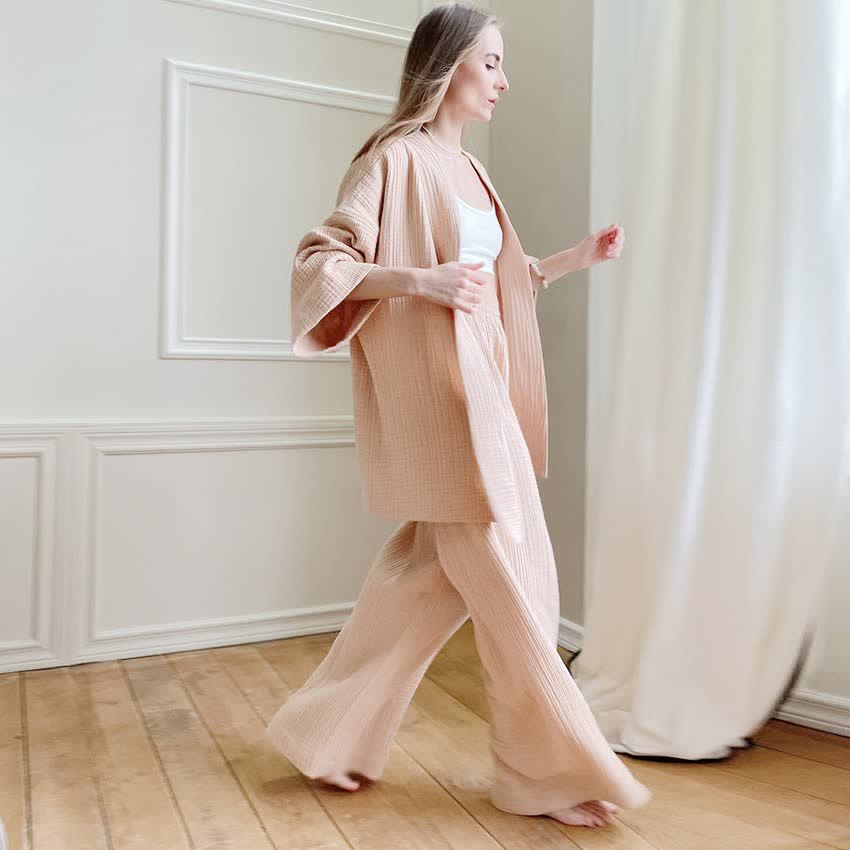 Kimono pigiama in garza di cotone a tinta unita - Champagne - XL - image 8