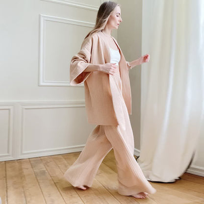 Kimono pigiama in garza di cotone a tinta unita - Champagne - XL - image 8