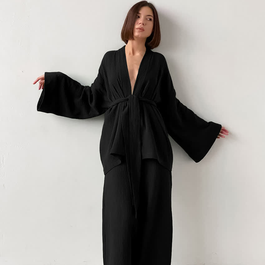 Kimono pigiama in garza di cotone a tinta unita - Nero - XL - image 5