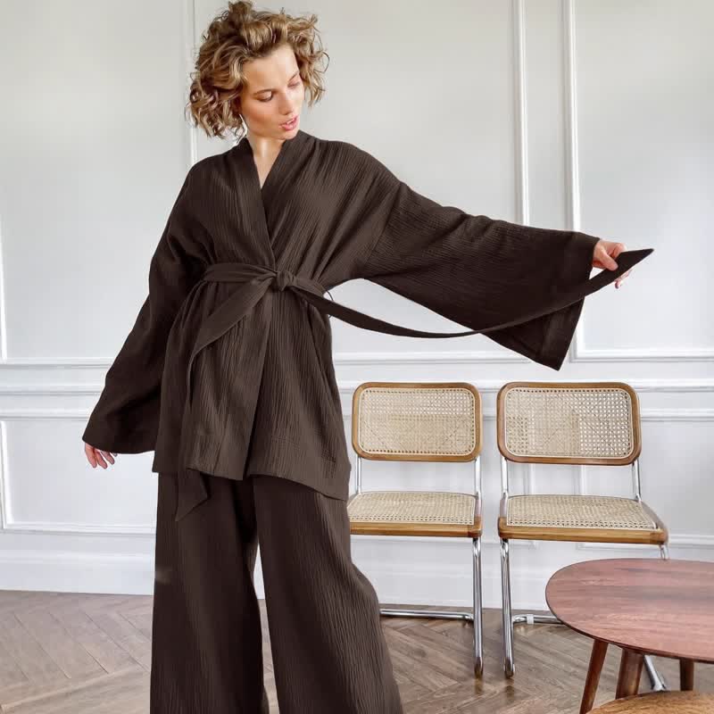 Kimono pigiama in garza di cotone a tinta unita - Marrone - XL - image 17