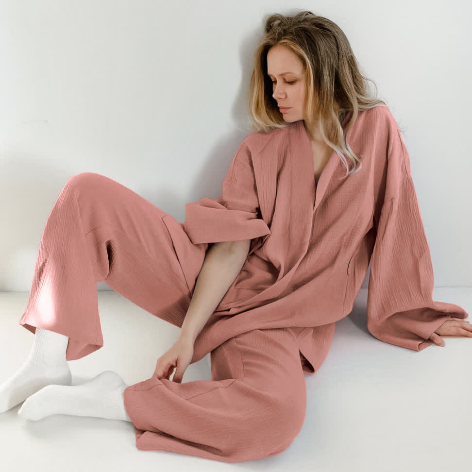 Kimono pigiama in garza di cotone a tinta unita - Rosa - XL - image 2