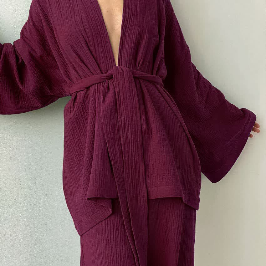 Kimono pigiama in garza di cotone a tinta unita - Vino - XL - image 1