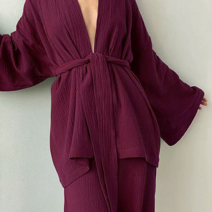 Kimono pigiama in garza di cotone a tinta unita - Vino - XL - image 1