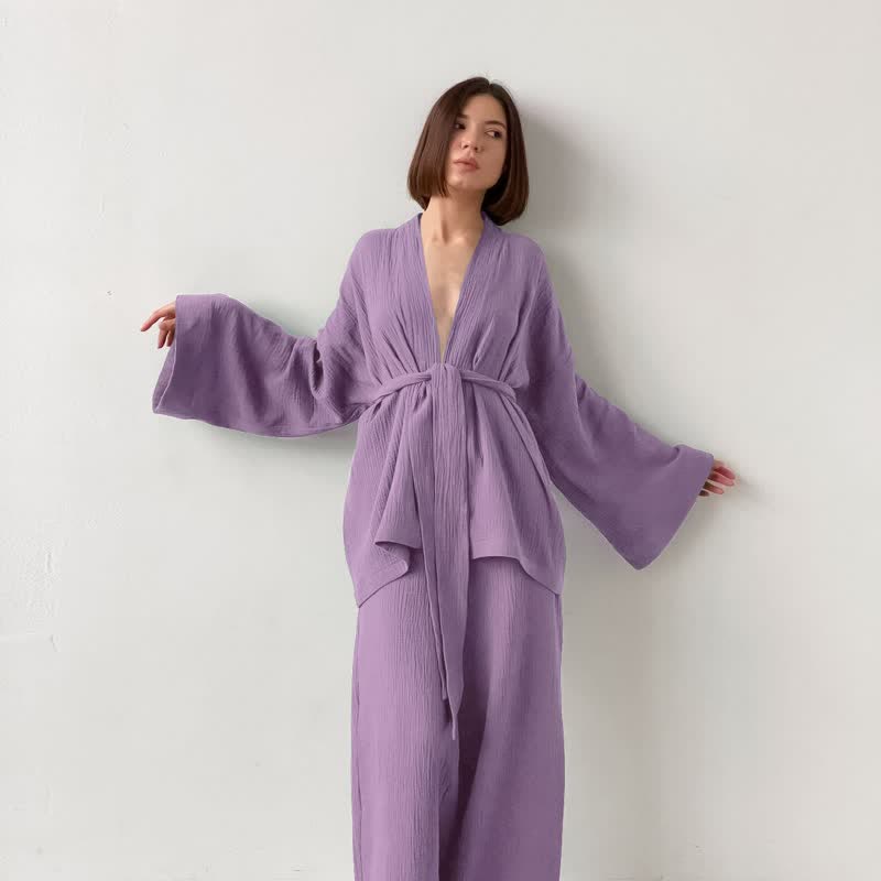 Kimono pigiama in garza di cotone a tinta unita - Viola - XL - image 4