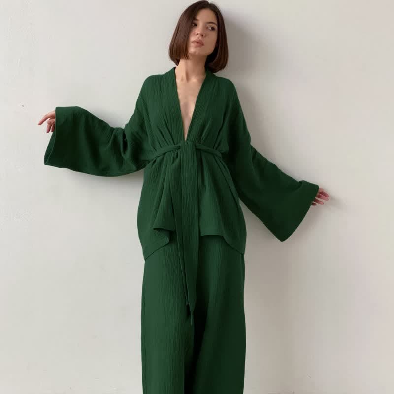 Kimono pigiama in garza di cotone a tinta unita - Verde oliva - XL - image 9