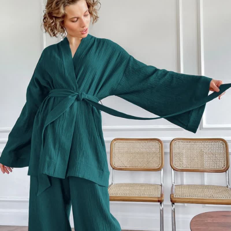 Kimono pigiama in garza di cotone a tinta unita - Verde scuro - XL - image 6