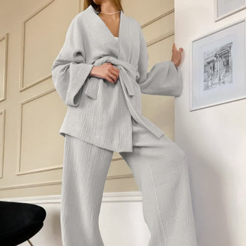 Kimono pigiama in garza di cotone a tinta unita - Grigio - XL - image 0
