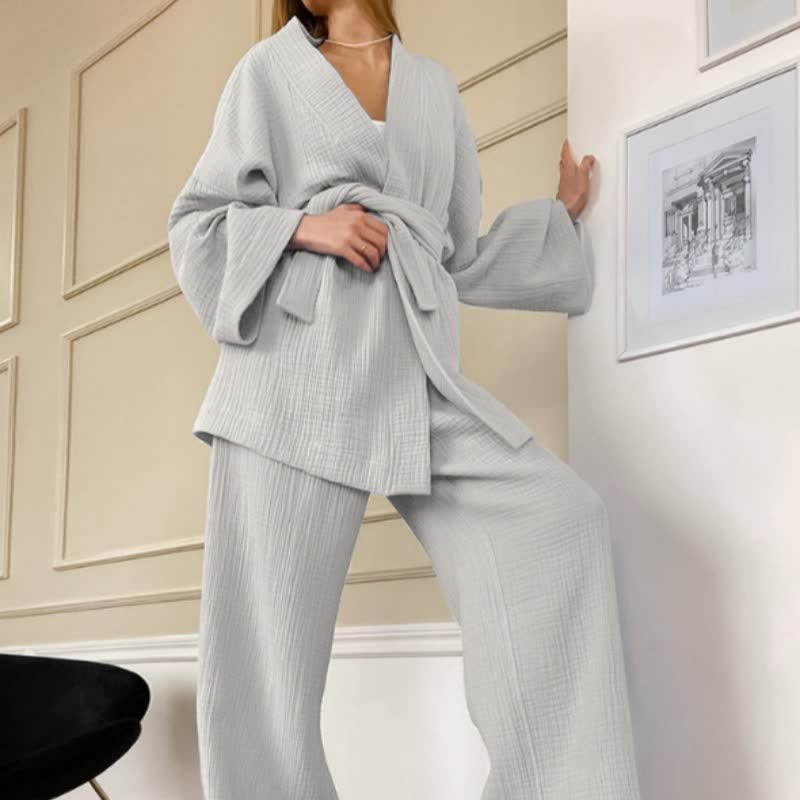 Kimono pigiama in garza di cotone a tinta unita - Grigio - XL - image 0