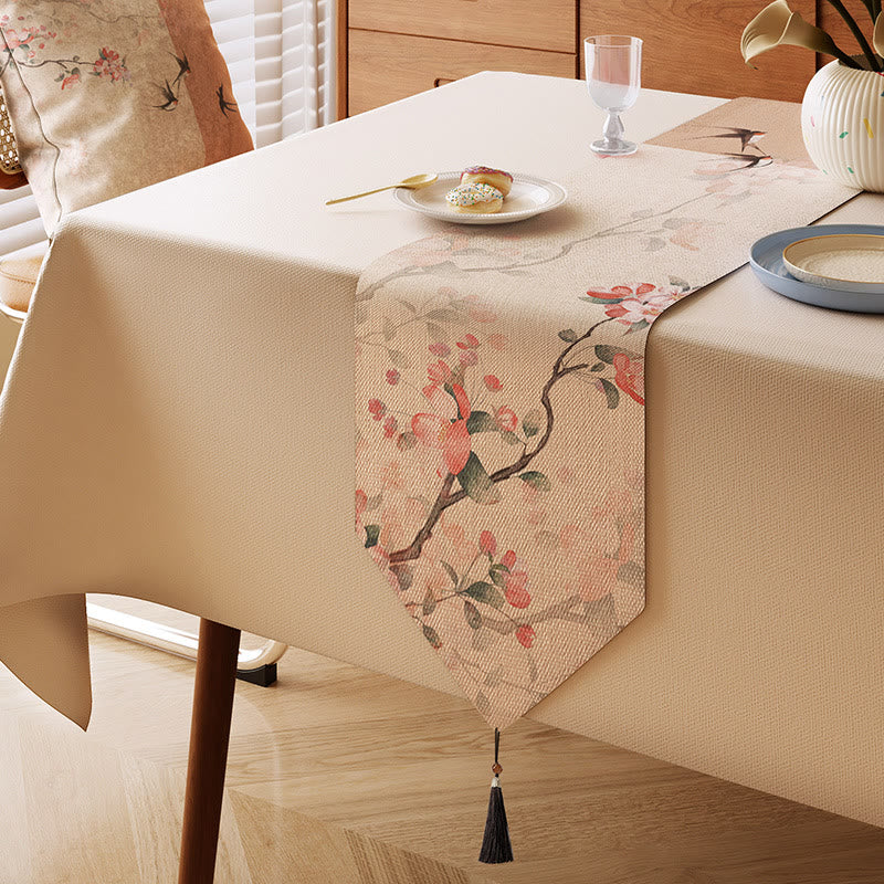 Tovaglia decorativa con motivo di meli da fiore, uccelli e fiori - Beige - 13" × 87" - image 0