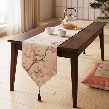 Tovaglia decorativa con motivo di meli da fiore, uccelli e fiori - image 1
