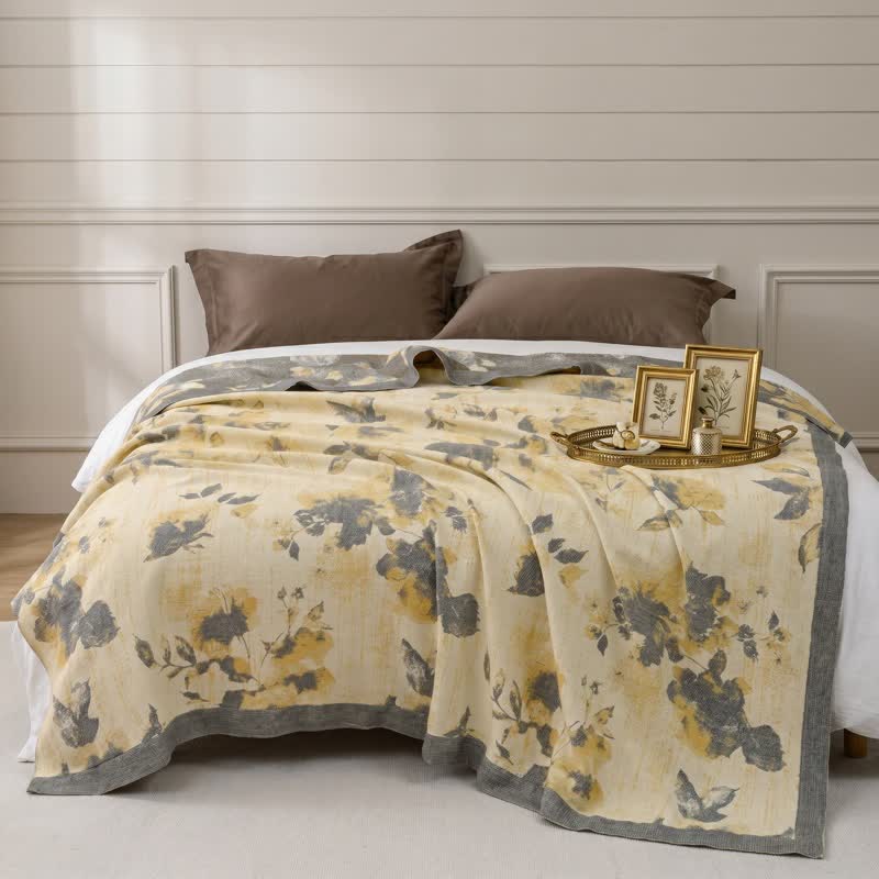 Trapunta in cotone con motivo floreale giallo e grigio - image 1