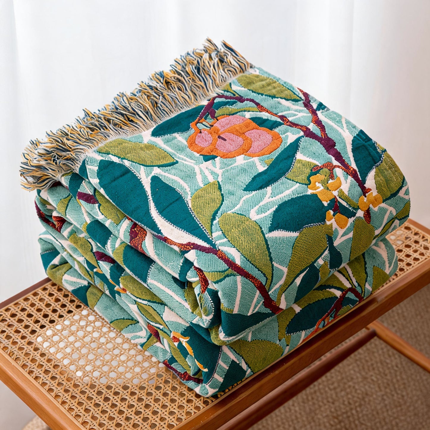 Trapunta reversibile in garza con frange e motivo botanico vintage - image 2
