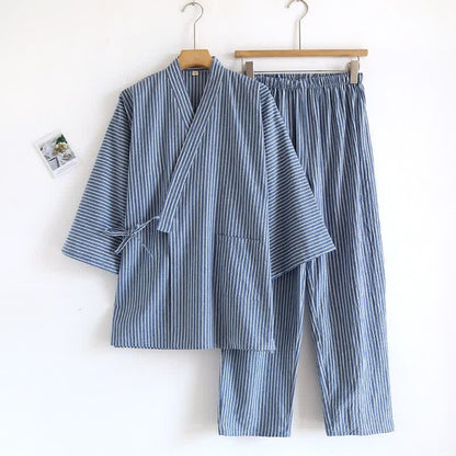 Kimono unisex a righe in garza di cotone - Blu - L - image 1
