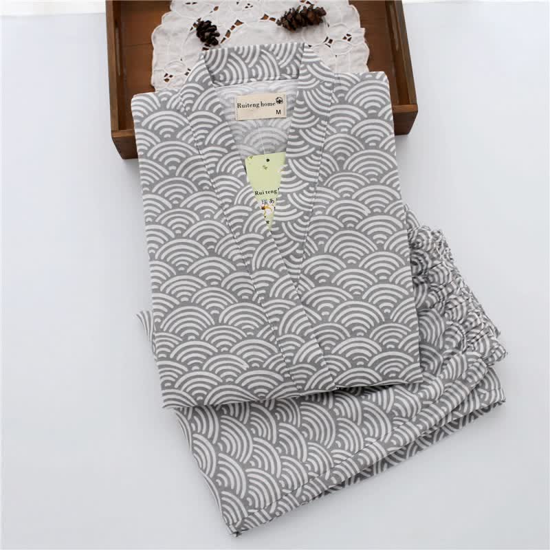 Completo da casa unisex Seigaiha con kimono in cotone. - Grigio - L - image 3