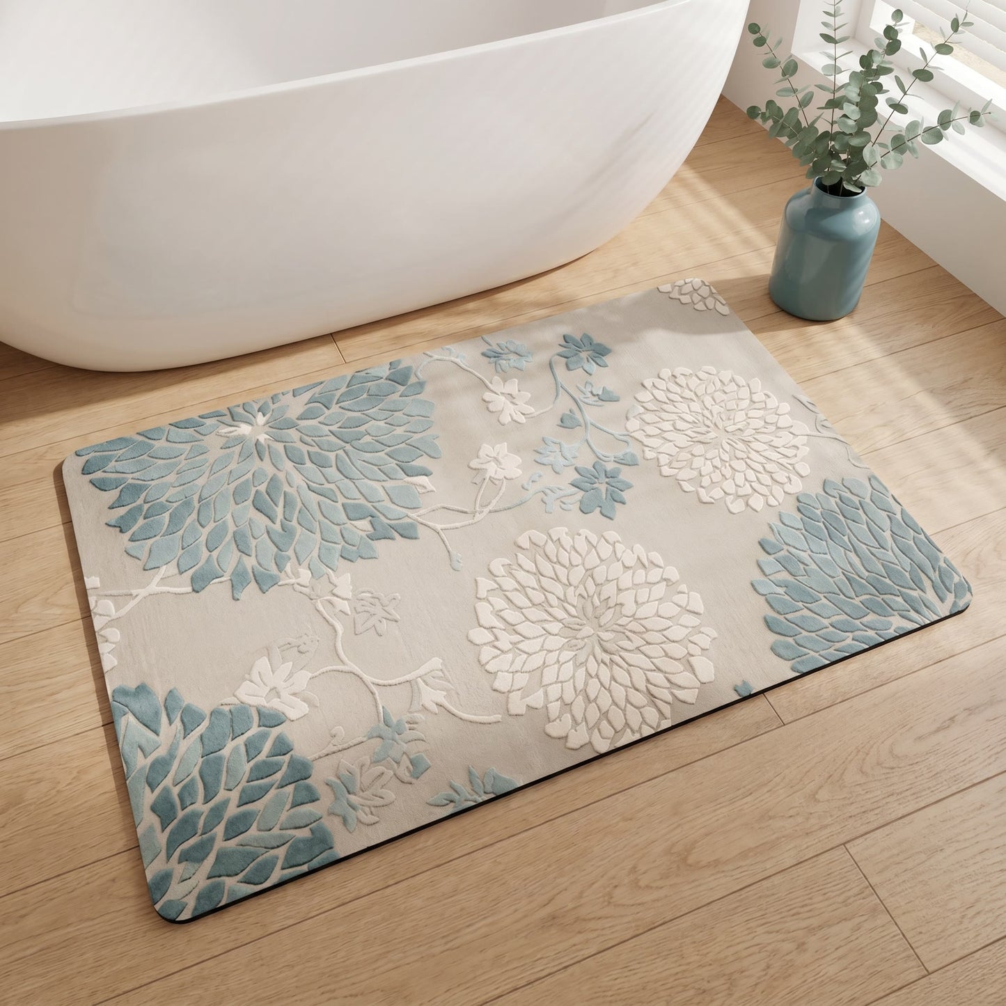 Tappeto da bagno antiscivolo blu vintage con motivo floreale - image 2