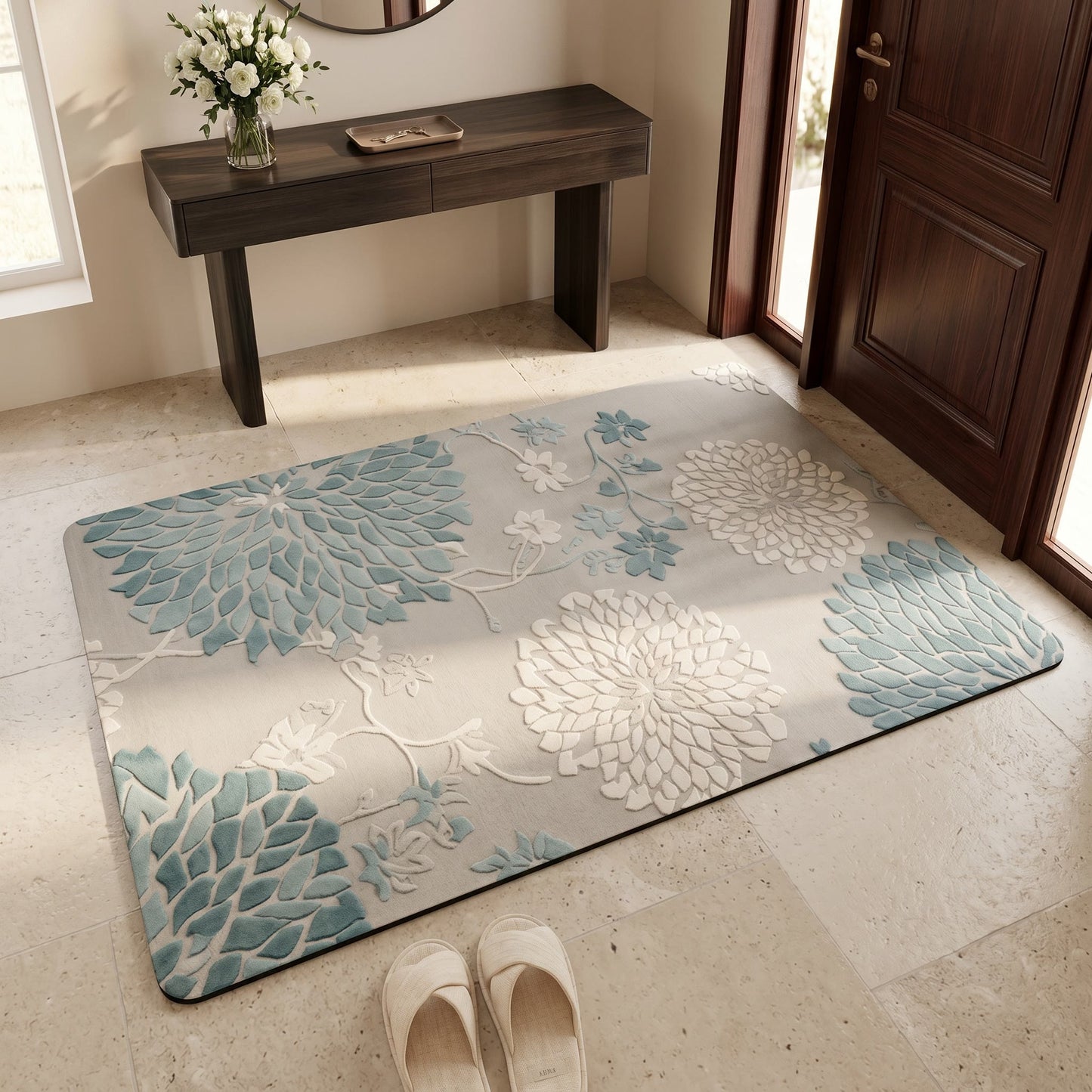 Tappeto da bagno antiscivolo blu vintage con motivo floreale - image 1