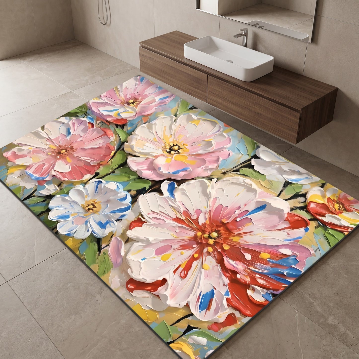 Tappeto da bagno con vivaci dipinti ad olio e motivi floreali - image 1
