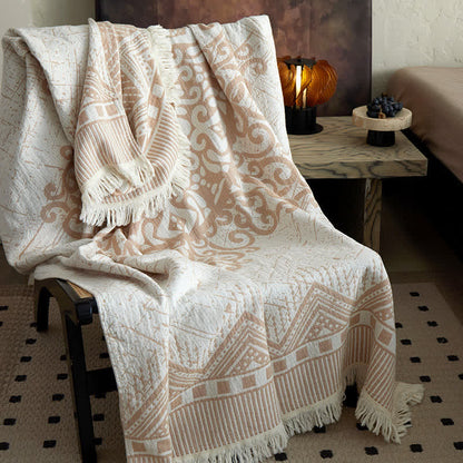 Coperta tribale in garza di cotone con nappe e motivi geometrici - 150cm x 200cm - image 0