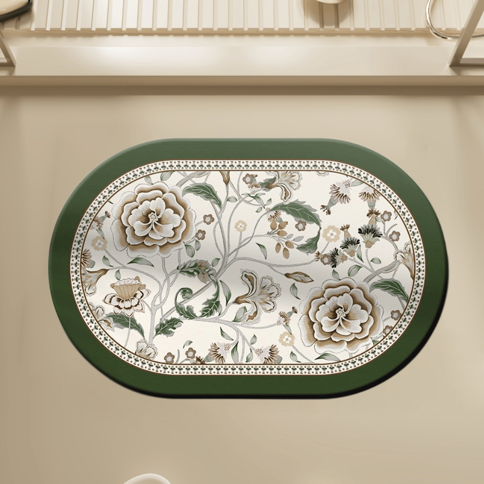 Tappeto ovale vintage da bagno con motivo botanico e floreale. - 60cm x 90cm - image 0