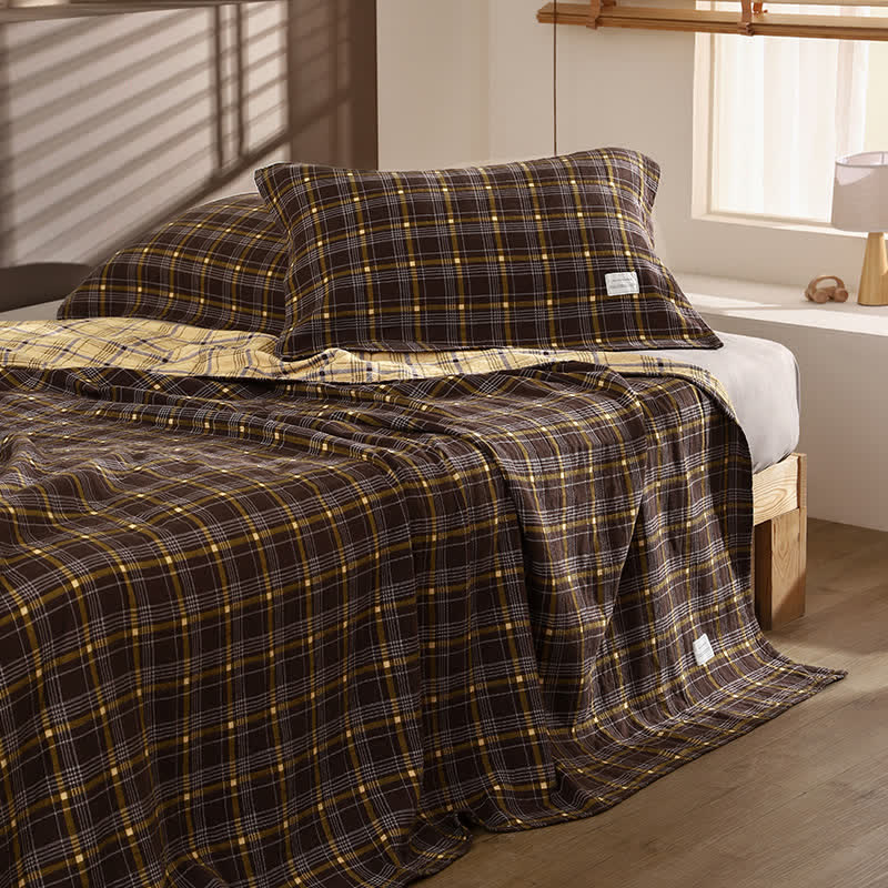 Set di biancheria da letto vintage in garza di cotone a quadri - Giallo-marrone - 50cm x 50cm × 31" (Federa) - 1 federa - image 4