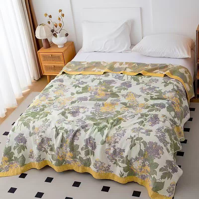 Trapunta in garza jacquard con motivo floreale lilla e senape - Matrimoniale - image 0