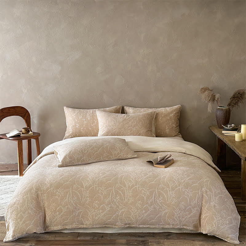 Set di biancheria da letto in cotone jacquard con motivo botanico beige - Cammello - Lenzuolo con angoli - Matrimoniale Grande - image 0
