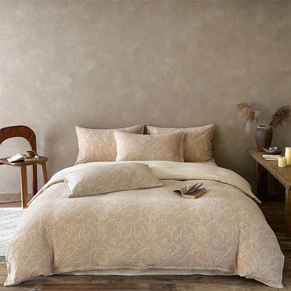 Set di biancheria da letto in cotone jacquard con motivo botanico beige - Cammello - Lenzuolo con angoli - Matrimoniale Grande - image 0