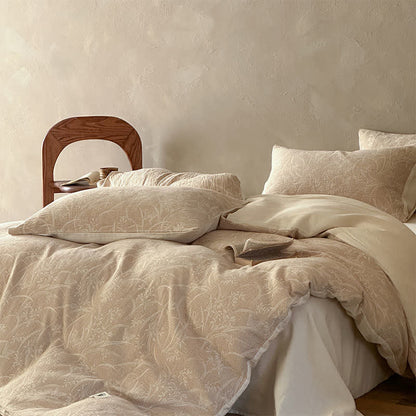 Set di biancheria da letto in cotone jacquard con motivo botanico beige - image 2