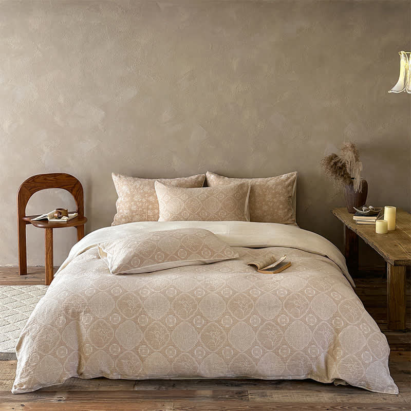 Set di biancheria da letto in cotone jacquard con motivo geometrico floreale color cammello. - Cammello - Lenzuolo con angoli - Matrimoniale Grande - image 0