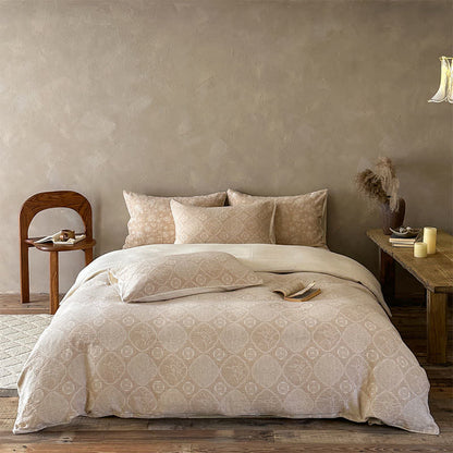 Set di biancheria da letto in cotone jacquard con motivo geometrico floreale color cammello. - Cammello - Lenzuolo con angoli - Matrimoniale Grande - image 0