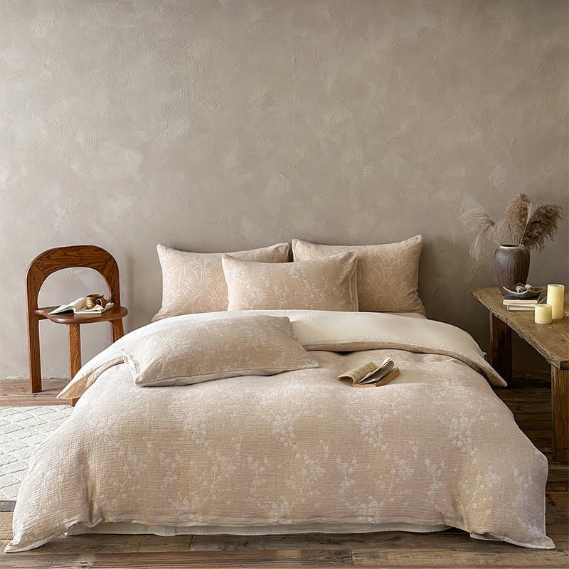 Set di biancheria da letto in cotone jacquard con motivo floreale botanico color cammello - Cammello - Lenzuolo con angoli - Matrimoniale Grande - image 0