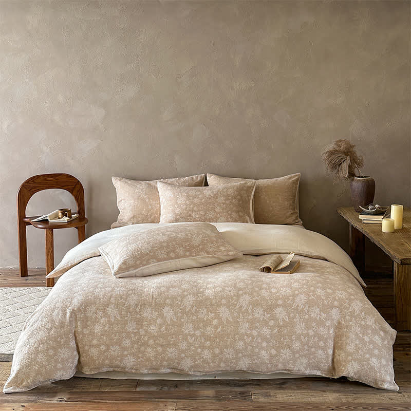 Set di biancheria da letto in cotone jacquard con delicati motivi floreali color cammello. - Cammello - Lenzuolo con angoli - Matrimoniale Grande - image 0