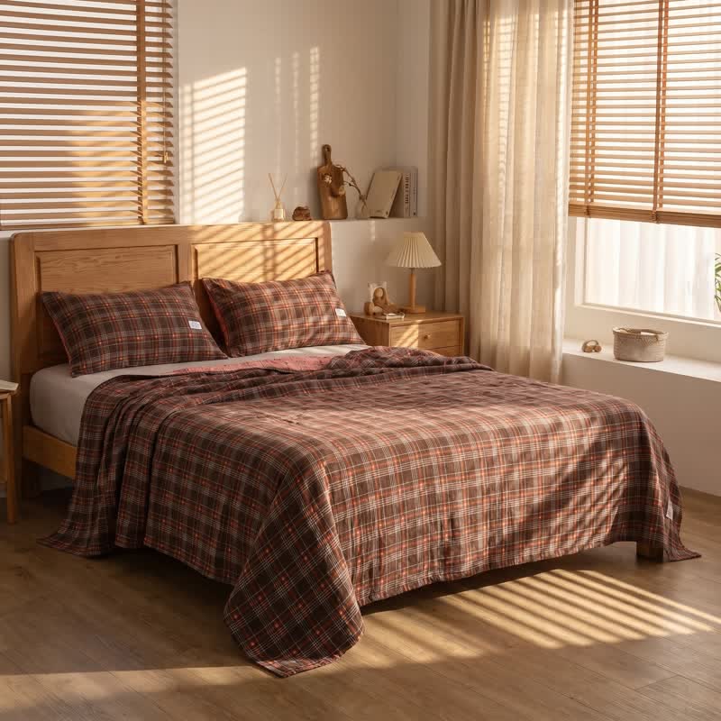 Set di biancheria da letto vintage in garza di cotone a quadri - Rosso-marrone - 50cm x 50cm × 31" (Federa) - 1 federa - image 0