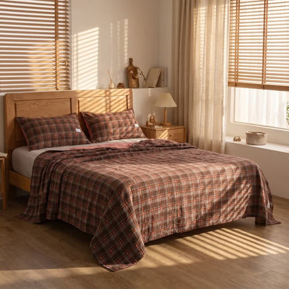 Set di biancheria da letto vintage in garza di cotone a quadri - Rosso-marrone - 50cm x 50cm × 31" (Federa) - 1 federa - image 0