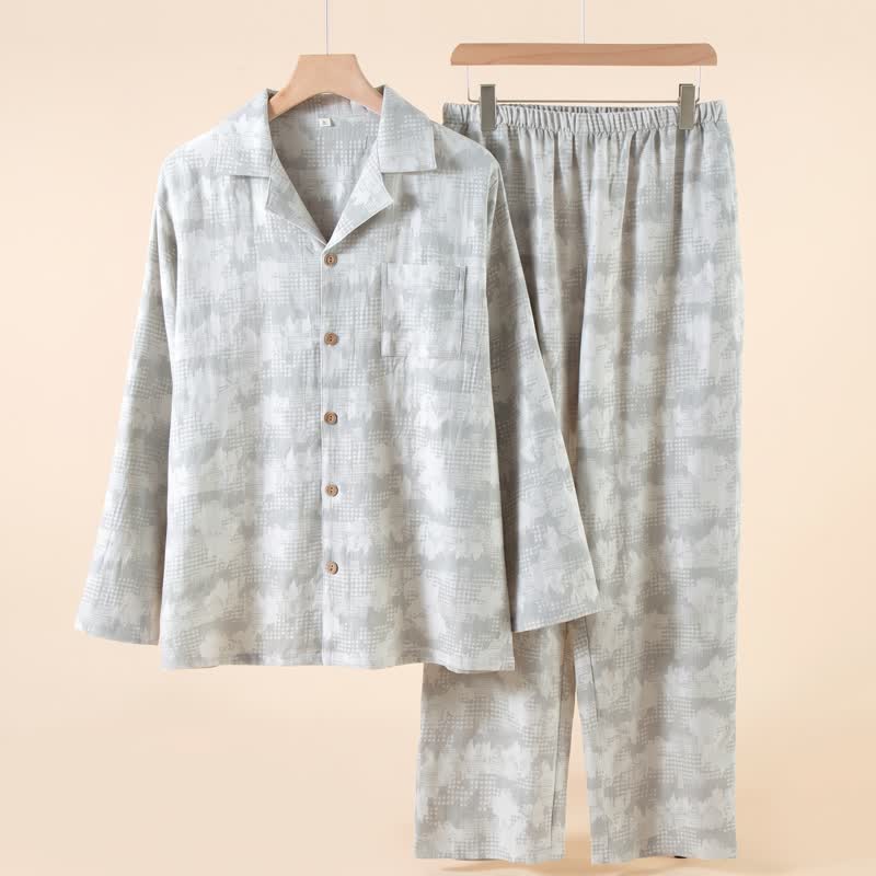 Completo da casa con stampa floreale leggera e bottoni a quadretti delicati - Grigio - 2XL - image 2