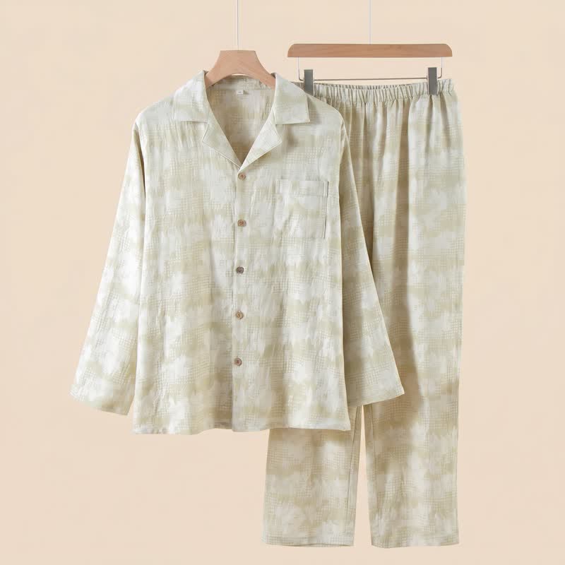 Completo da casa con stampa floreale leggera e bottoni a quadretti delicati - Verde - 2XL - image 1