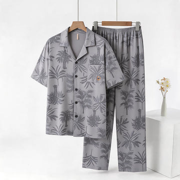 Completo da casa in cotone con bottoni a forma di palma tropicale - Grigio chiaro - 3XL - image 0